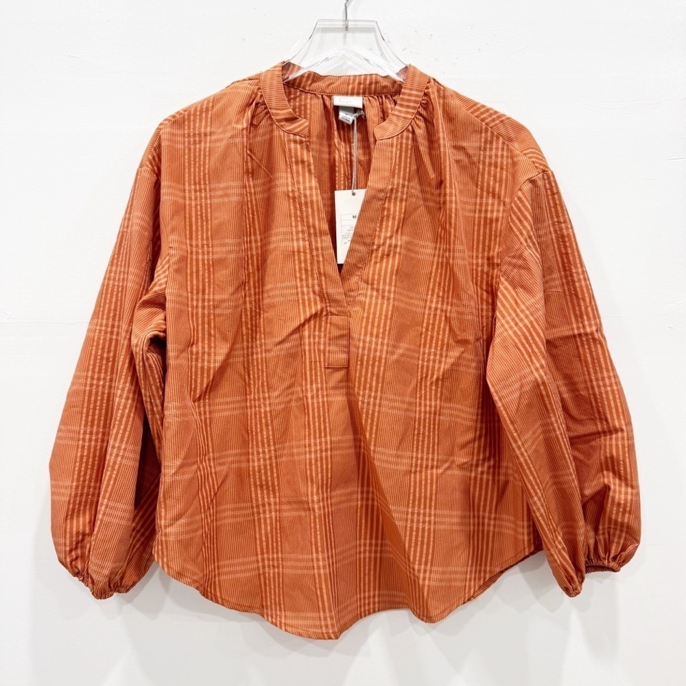 A New Day Rust Plaid Loose Fit Puff Sleeve Top Notched Neck Medium